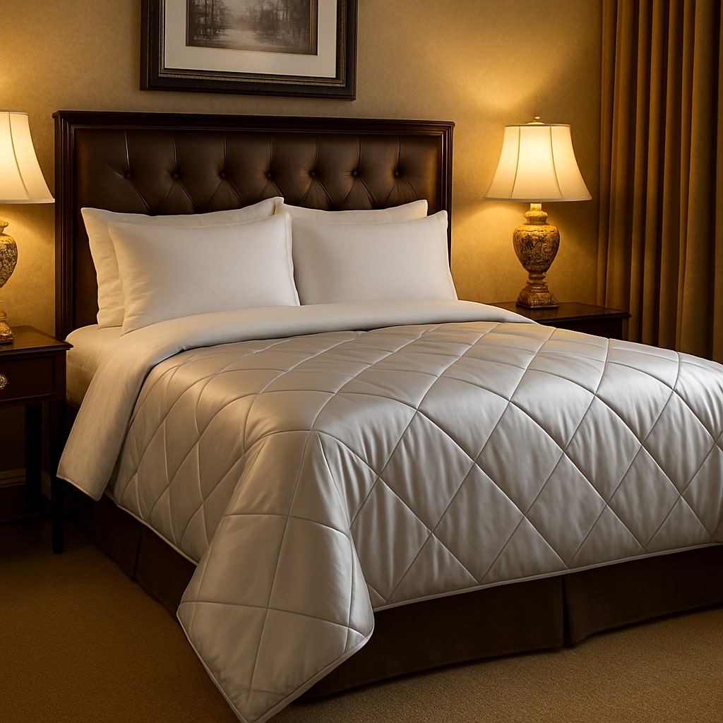 Soft microfiber 3pc pintuck comforter set with elegant bias plaid detailing, ideal for hotel and rental bedrooms.