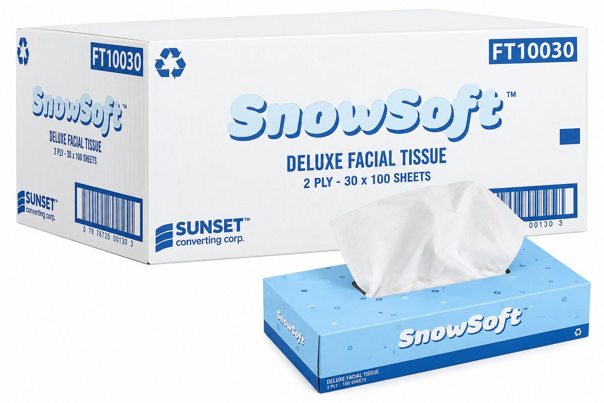 A light blue "SnowSoft" deluxe facial tissue box with a white tissue pulling out of the top, displayed alongside a case box of the same product.