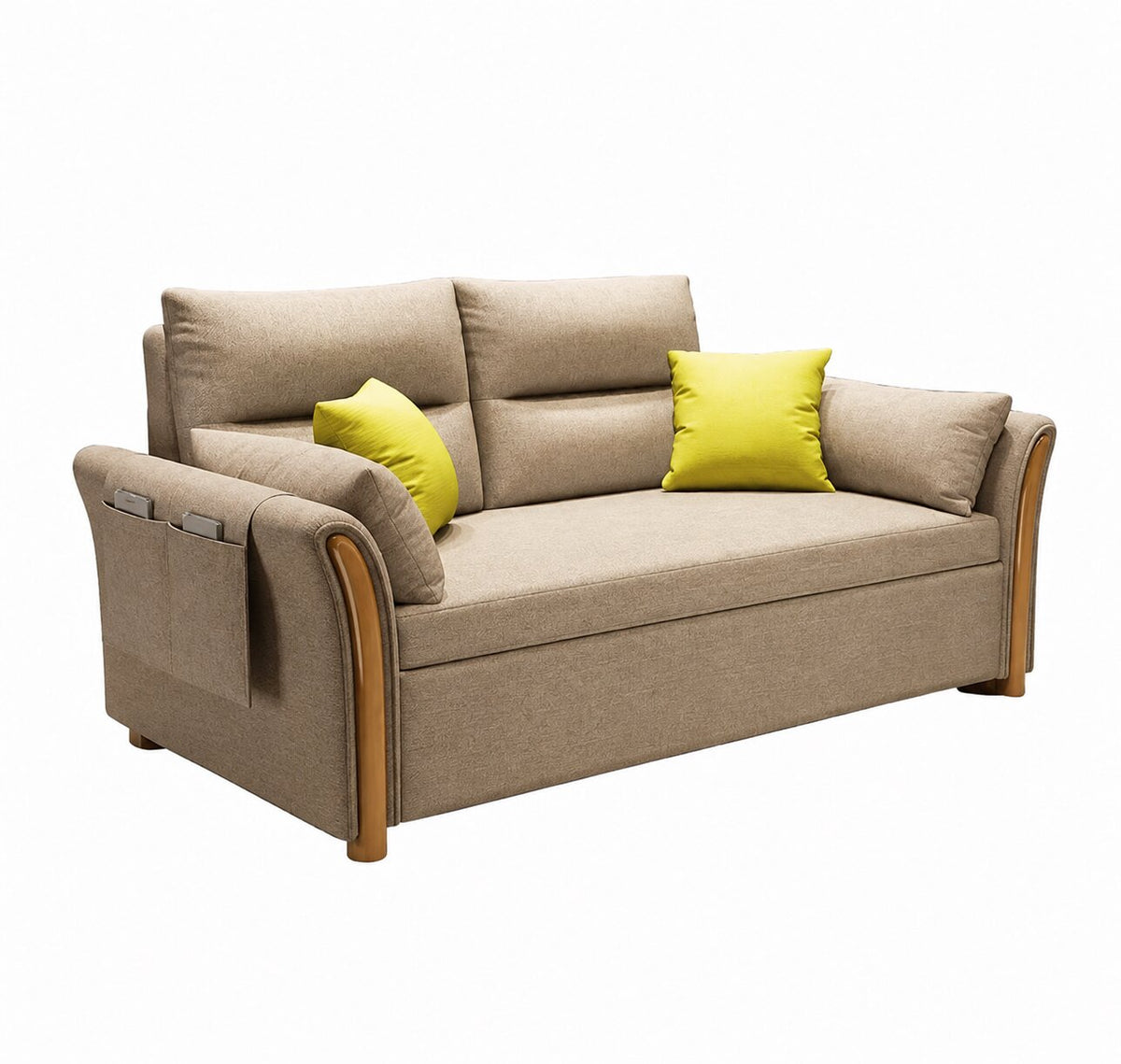 Beige upholstered sofa bed with cushioned backrests, wood-tone arm accents, side storage pocket and yellow decorative pillows.