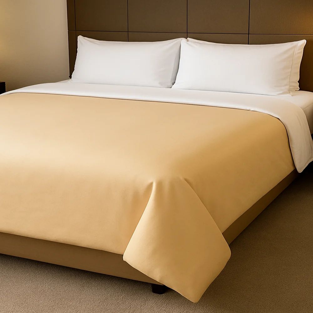 Gold tan duvet cover styled on a neatly made bed with crisp white pillows for a warm and elegant bedroom look.