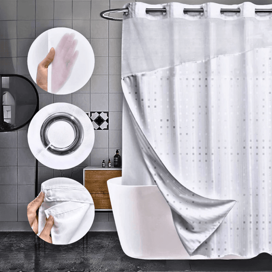 Checkered Hook Less Shower Curtain with Chrome Rings 2Piece