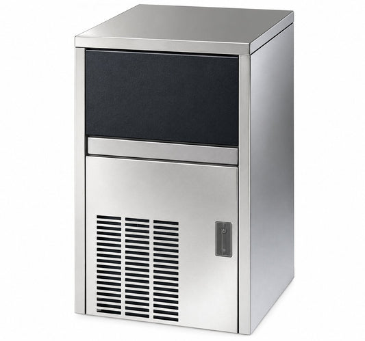 A stainless steel commercial undercounter ice maker featuring a sleek silver finish, a black upper door for the ice bin, and bottom front ventilation louvers.