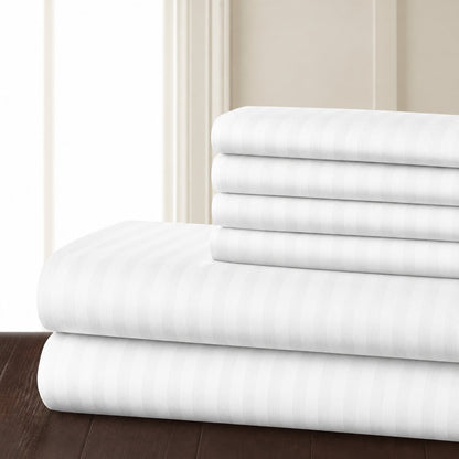 White hotel bed sheet set with striped fabric, neatly folded for hospitality bedding and guest room use.