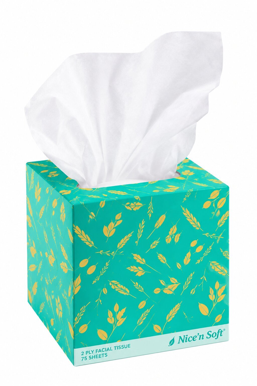 A rectangular teal box of "Nice 'n Soft" facial tissues with a yellow leaf pattern, with soft white tissues pulled from the top.
