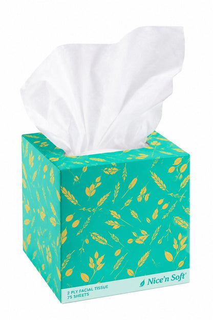 A rectangular teal box of "Nice 'n Soft" facial tissues with a yellow leaf pattern, with soft white tissues pulled from the top.