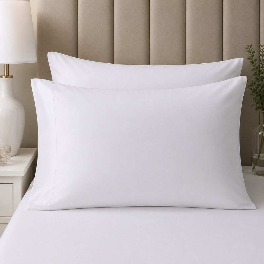 Two white CH Series Premium pillowcases arranged one in front of the other on a modern bed for a crisp, comfortable bedroom look.