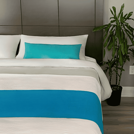 Blue bed scarf - Eco-friendly decorative bed scarf with hypoallergenic materials and multi-colored patterns, crafted for a luxurious 5-star hotel guest room