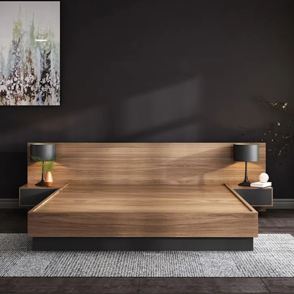 Modern Bed with Storage Wooden Frame and Bedside Tables- wooden frame