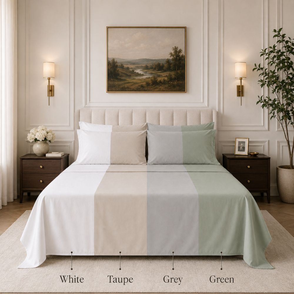 White, taupe, grey, and green sheet sets displayed together on a modern bed for hotels, resorts, vacation rentals and other hospitality properties.