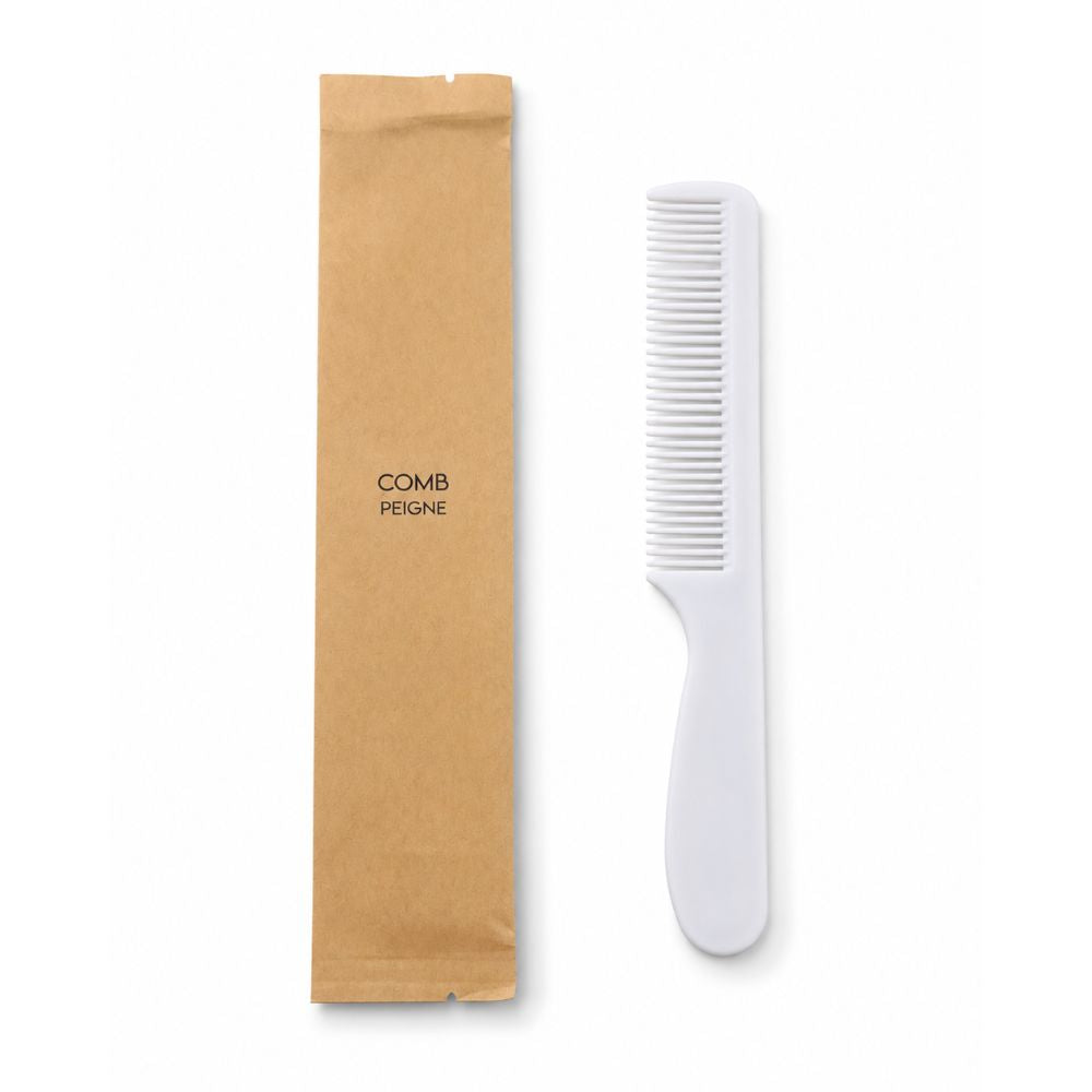 White handled fine-tooth comb with a kraft paper sleeve labelled Comb and Peigne, ideal for travel, guests and everyday grooming.