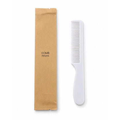 White handled fine-tooth comb with a kraft paper sleeve labelled Comb and Peigne, ideal for travel, guests and everyday grooming.