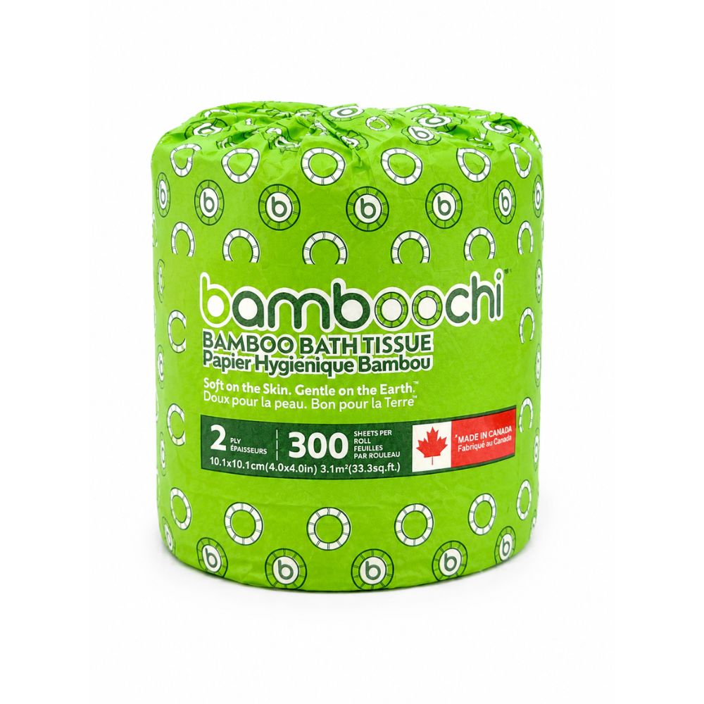 Bamboochi 2-ply bamboo bath tissue with 300 sheets per roll, soft everyday toilet paper made in Canada.