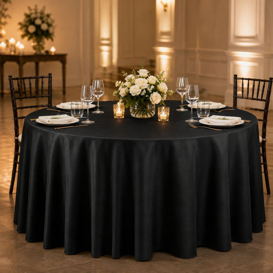 Black round tablecloth styled on an elegant dining table with white dinnerware, glassware, candles and a white floral centrepiece.
