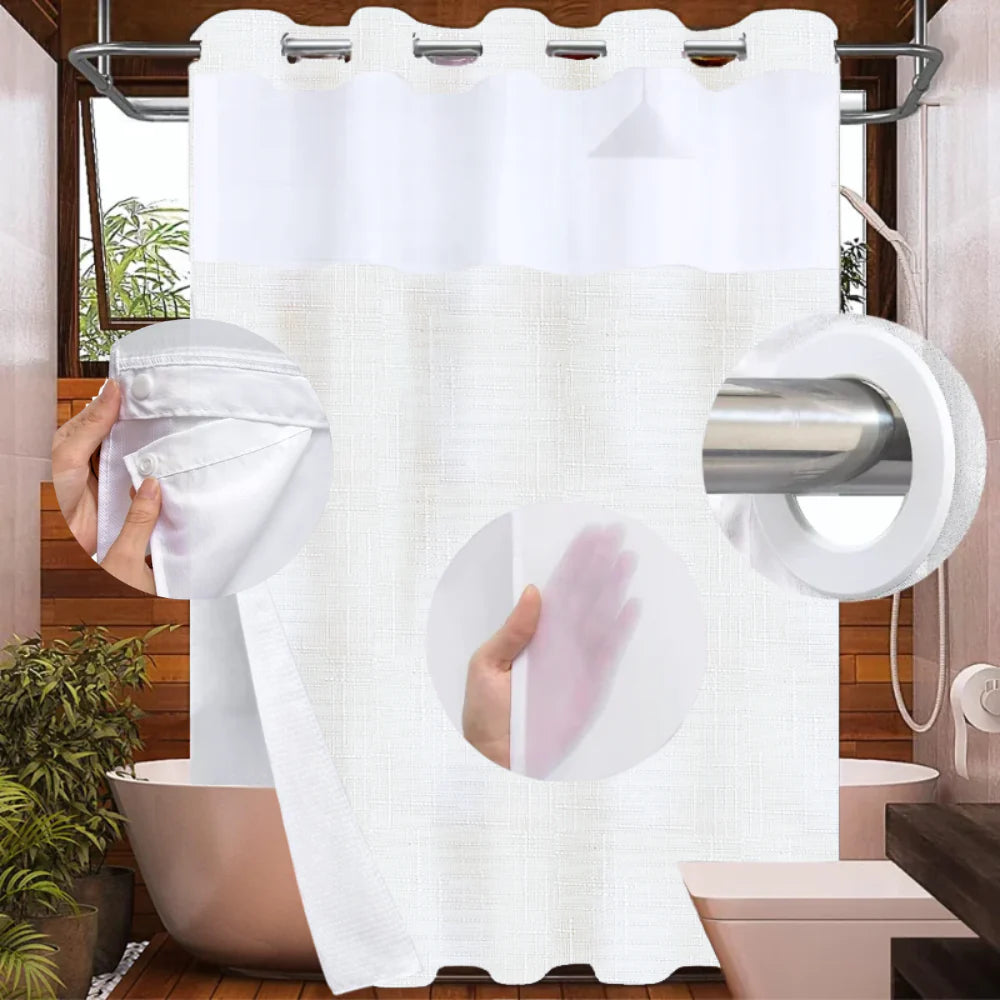 Hook Less White Shower Curtain 2 Piece with Translucent Window & Snap-On Liner - Clearance