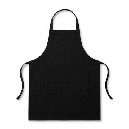 Black kitchen apron with two front pockets, adjustable-style neck loop and waist ties, shown on a clean white background.