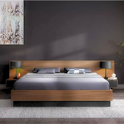 Modern Bed with Storage Wooden Frame and Bedside Tables