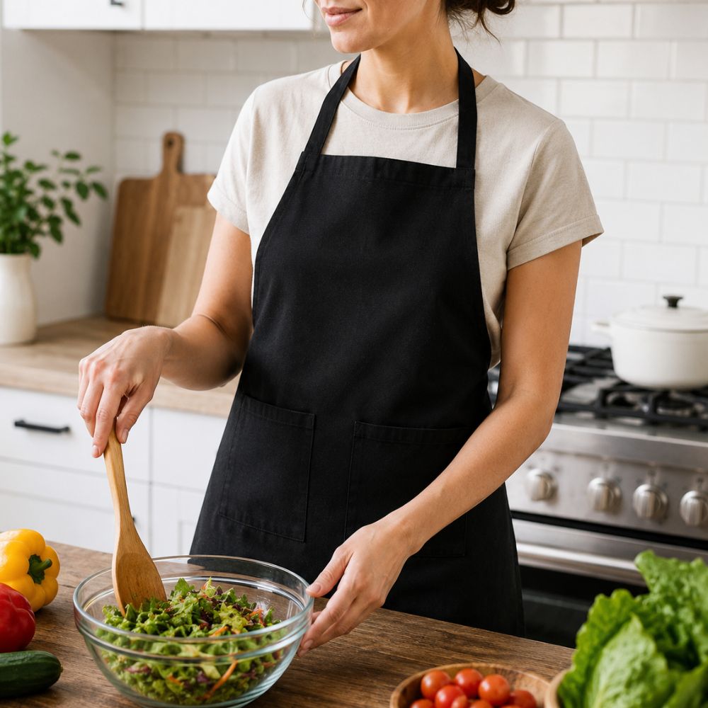 Black two-pocket kitchen apron worn while preparing a fresh salad in a modern home kitchen.