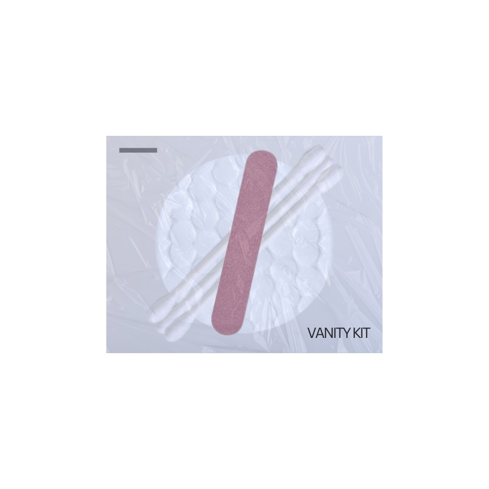 Hotel room personal care items Vanity Kit with 3 earbuds, 1 nail file, and 1 cotton pad. Individually wrapped for hygiene and convenience in hospitality settings.
