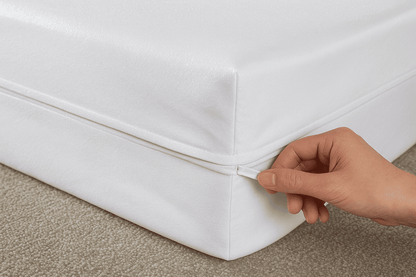Waterproof mattress encasement with hidden zipper for hotels, offering protection from spills and bed bugs.