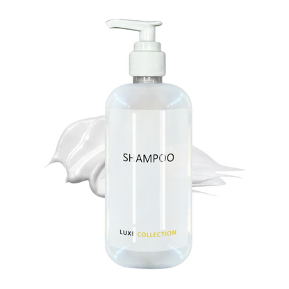 Luxe Collection white shampoo whit white pump. 300 ml formula ideal for hospitality use, hotel and resort.