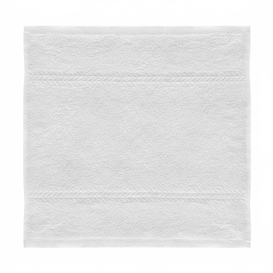White cotton washcloth with a soft terry texture, designed for dependable absorbency and everyday guest comfort