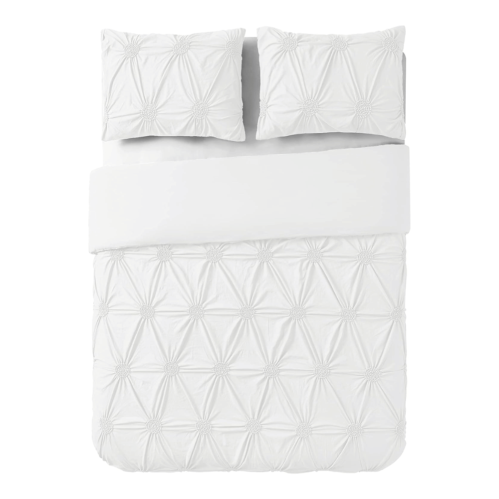 3pc Floral Ruched Duvet Cover Set / White