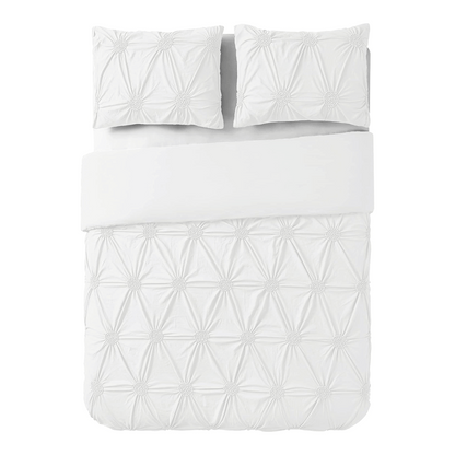 3pc Floral Ruched Duvet Cover Set / White