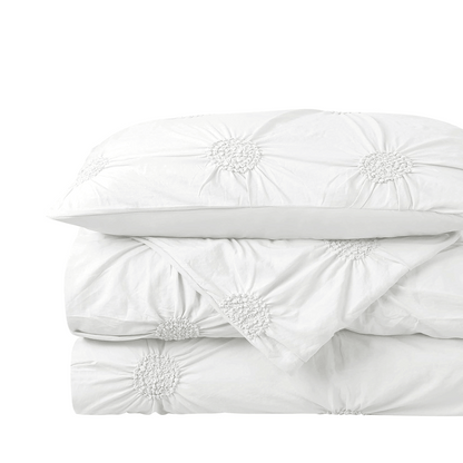 3pc Floral Ruched Duvet Cover Set / White (closer view).