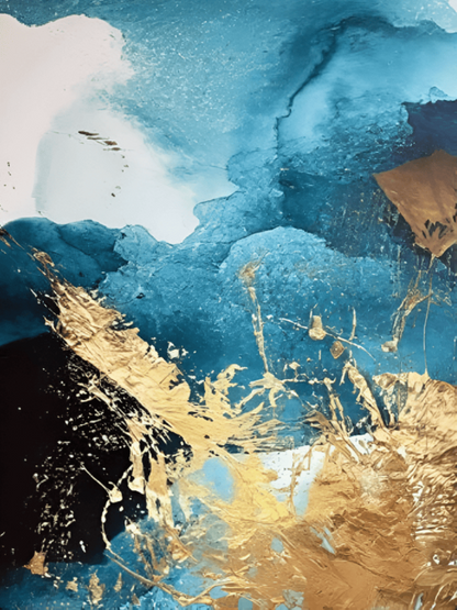 Abstract hotel wall art with blue, black and gold tones, modern acrylic painting ideal for luxury hotel decor.