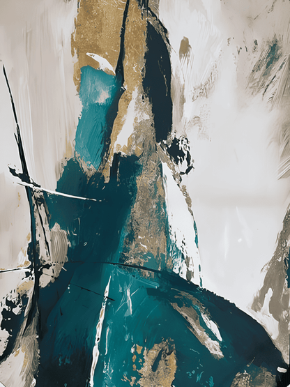 Modern abstract wall art with green, white and gold brushstrokes, perfect for luxury hotel lobby or guest room decor. 