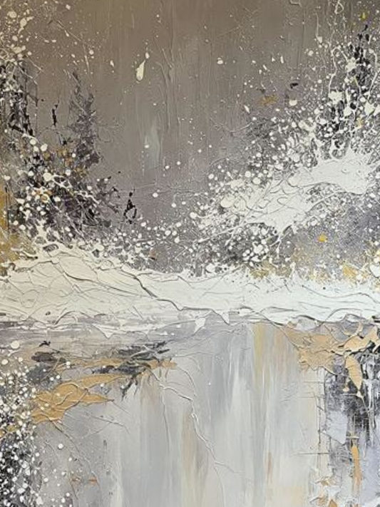 Textured abstract winter wall art with gray, white, and gold tones, ideal for luxury hotels or resort decoration.