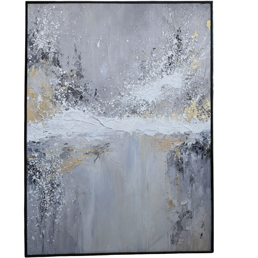 Textured abstract wall art featuring grey and white brushwork with subtle gold highlights, framed in black for modern interiors