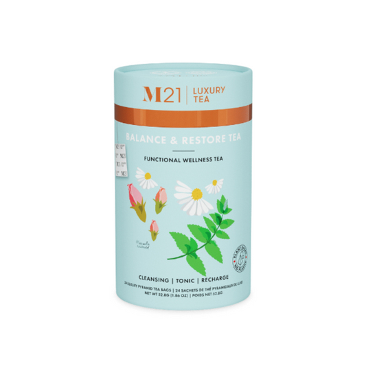 Balance & Restore herbal tea with calming botanicals. A grounding daily ritual to center your mind and support inner mind health
