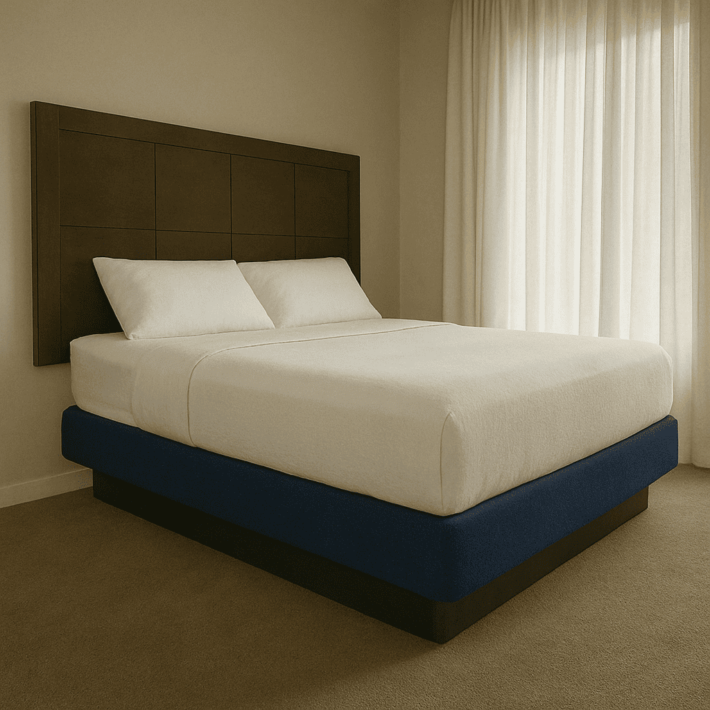 Hotel bed with navy blue upholstered base, white sheets, and dark wood headboard for resort rooms.