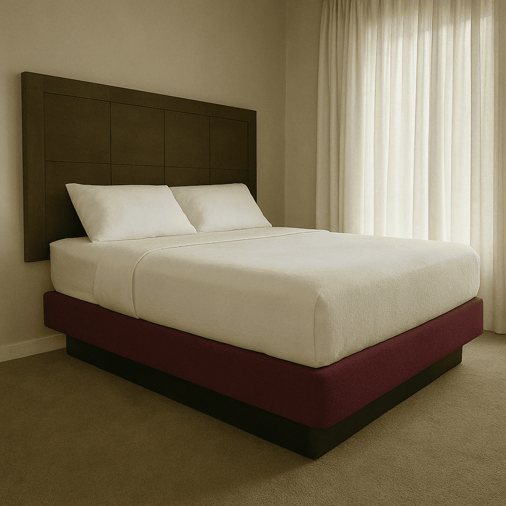 Modern hotel bed with burgundy base and white bedding, ideal for upscale hospitality interiors.