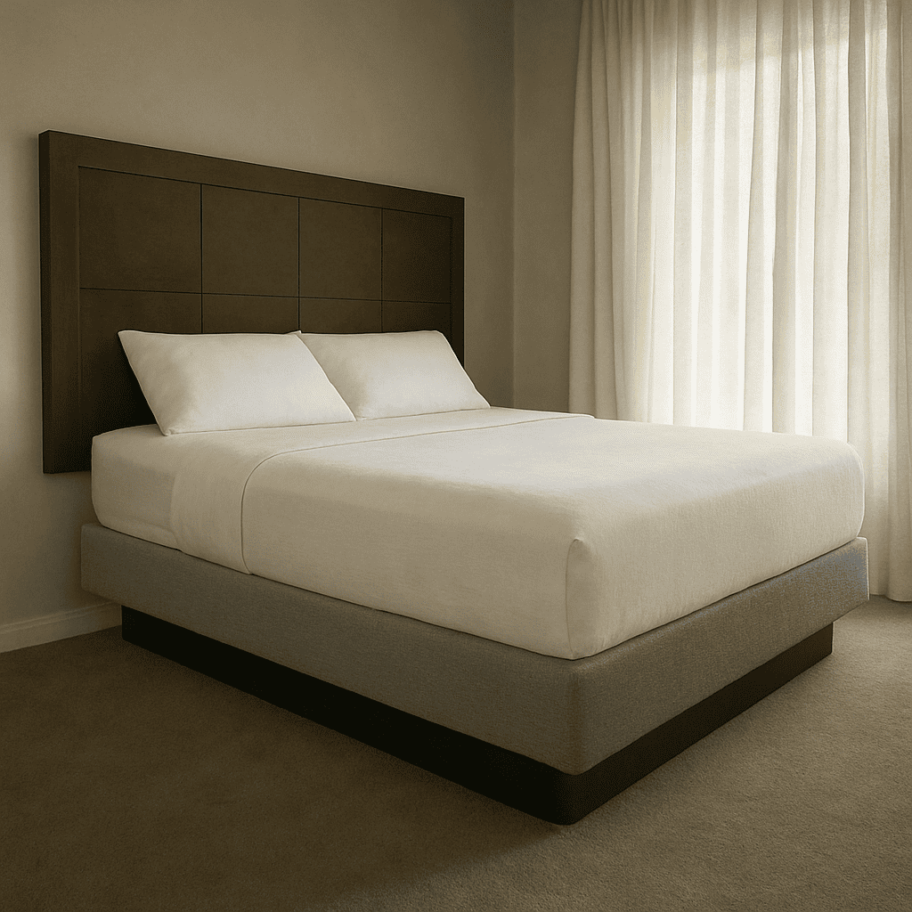 Hotel bed with dark gray upholstered base and white bedding, perfect for luxury hotel rooms.