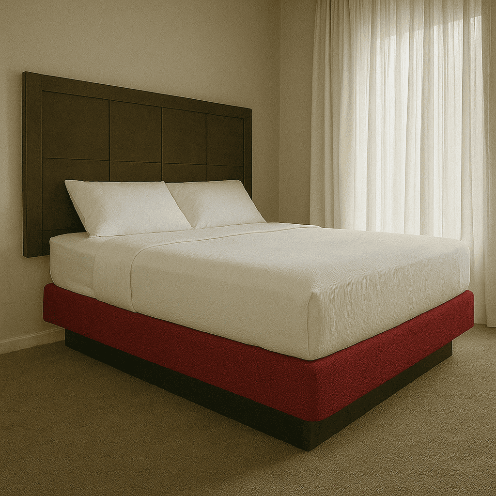 Modern hotel bed with red upholstered base and white bedding, designed for boutique hotel décor.