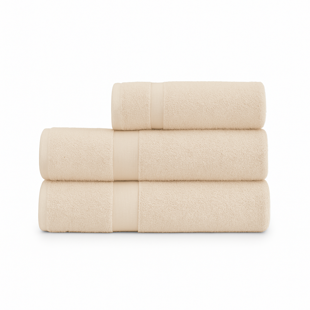 Affordable essential 3-piece beige towel set made from 100% combed cotton, soft and durable, perfect for hotels, spas, Airbnbs, or everyday home use
