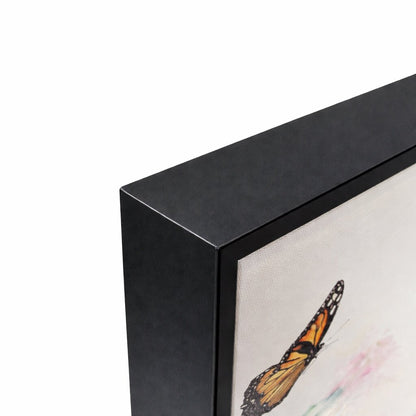 Premium black wood frame close-up with abstract wall art on white backdrop