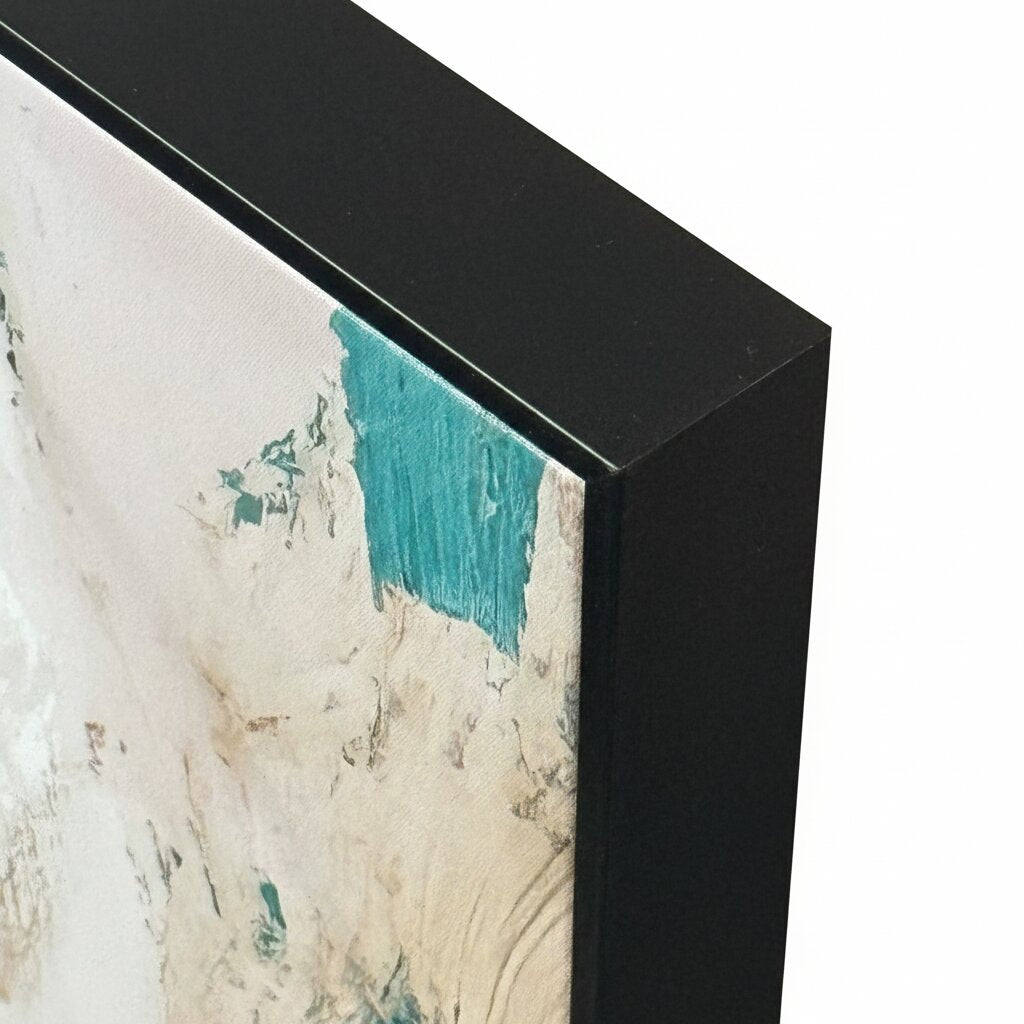 Modern black wall art frame detail with textured abstract canvas