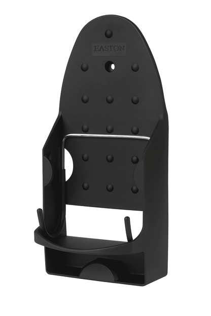 Black wall-mounted iron holder with metal bar and hooks, ideal for hotel guest rooms and laundry areas.