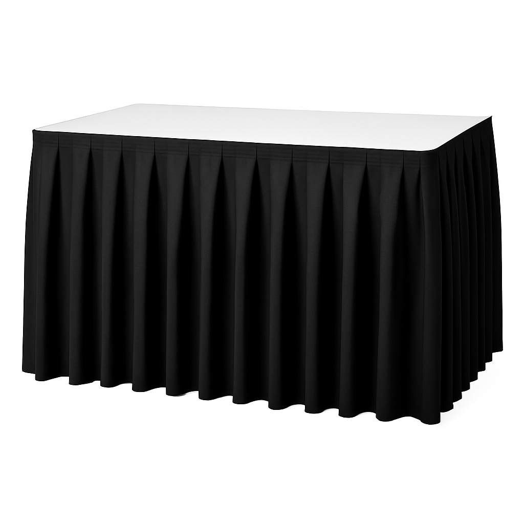 Black Box Pleated Table Skirt ,designed for a clean, polished presentation, ideal for banquets, weddings, hotel events, trade shows, and portable stage setups.
