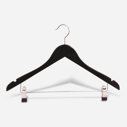 black wooden hanger with chrome swivel hook and adjustable metal clips