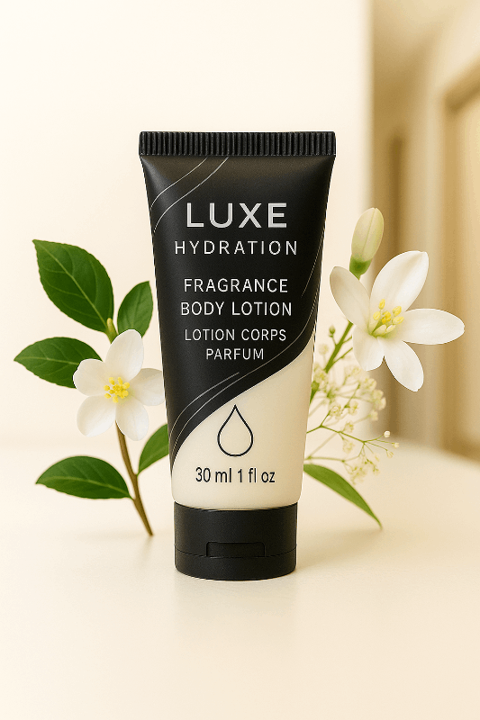 30ml hotel body lotion with white tea and bergamot scent. Ideal for luxury Airbnb, inns, and guest care amenity sets.