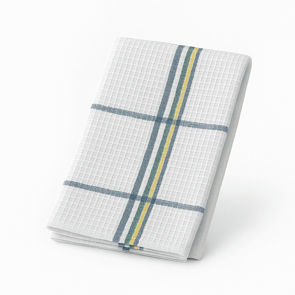 White waffle weave dish towel with blue, green, and yellow stripes, folded for a clean hospitality presentation.