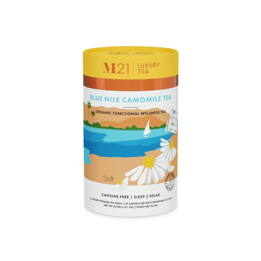 Organic Blue Nile chamomile tea. Caffeine-free bedtime blend for stress relief, better sleep, or calming your evening.