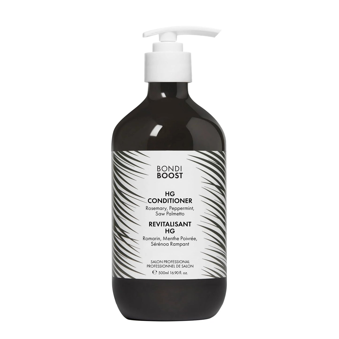 Black shampoo bottle with pump labeled 'Bondi Boost' on a white background