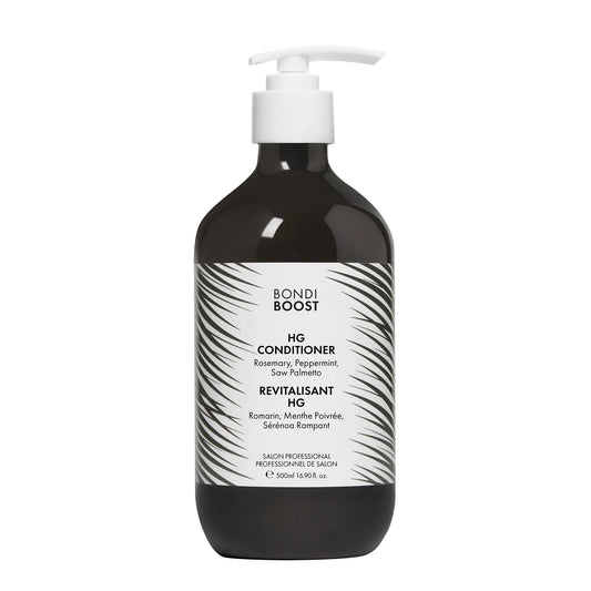Black shampoo bottle with pump labeled 'Bondi Boost' on a white background