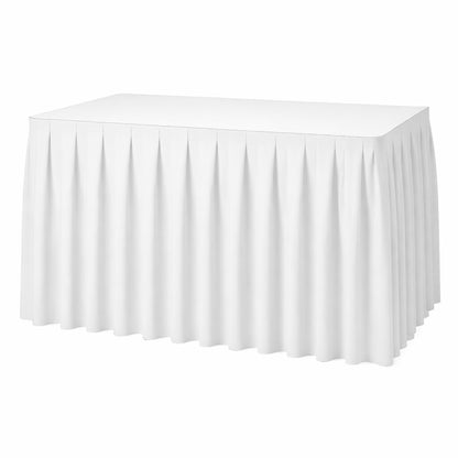 White Box Pleated Table Skirt ,designed for a clean, polished presentation, perfect for weddings, hotel events, portable stage setups.
