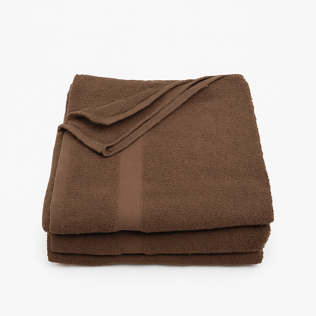 Brown 100% combed cotton bath towel, soft and absorbent, ideal for luxury spas, hotels, or healthcare facilities.